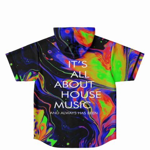 Back view of neon fluid psychedelic hooded jersey with house music text print