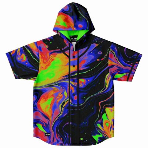 Front view of black fluid psychedelic rave hooded jersey with button placket and swirl print