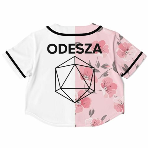 Back view cropped jersey featuring floral design and bold text