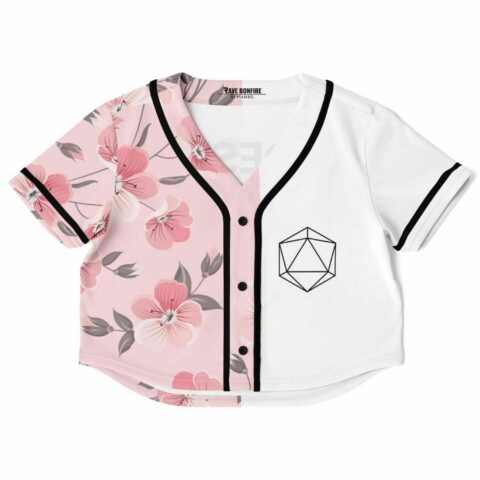 Cropped baseball jersey with pink floral pattern and geometric logo