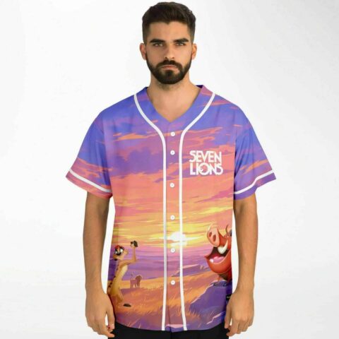 Savanna sunset baseball jersey front view on model, festival logo text, meerkat and warthog characters