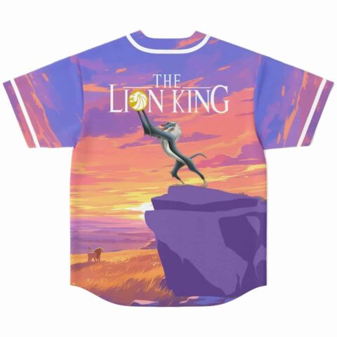 Savanna sunset baseball jersey back view, mandrill character raising cub on cliff, bold title text