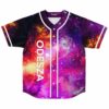 Purple magenta galaxy print baseball jersey with geometric icosahedron emblem front view