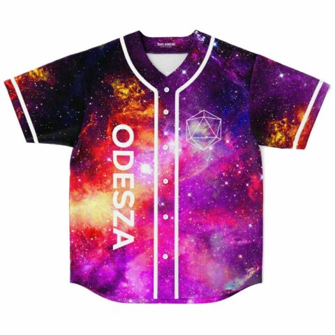 Purple magenta galaxy print baseball jersey with geometric icosahedron emblem front view