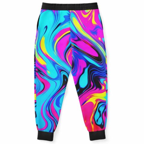 Back view of marbled liquid swirl print joggers showing black cuffs and side seam detail
