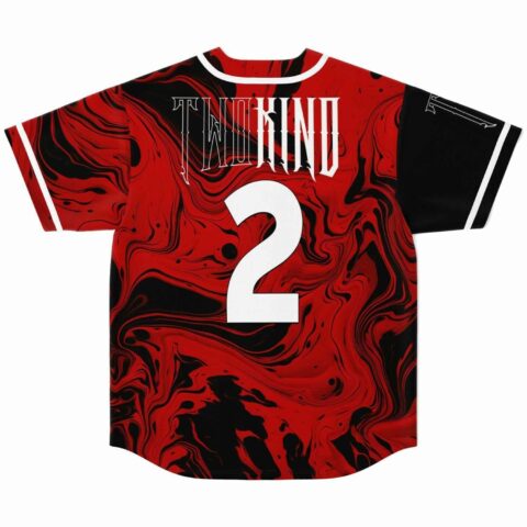 Back view of black red liquid marble jersey showing Two Kind text and number 2