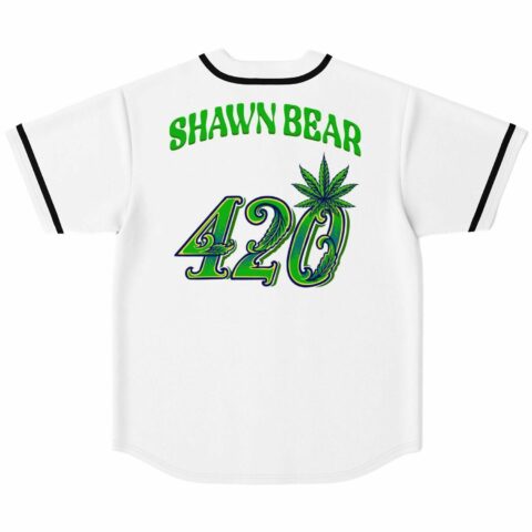 Back view of white jersey with green 420 print, Shawn Bear text above cannabis leaf