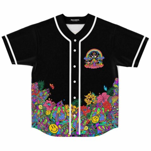 Black baseball jersey with psychedelic mushroom garden print and rainbow eye chest logo, laid flat