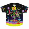 Neon acid trip baseball jersey front view with dripping moon face and eye pyramids