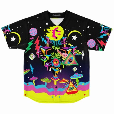 Neon acid trip baseball jersey front view with dripping moon face and eye pyramids