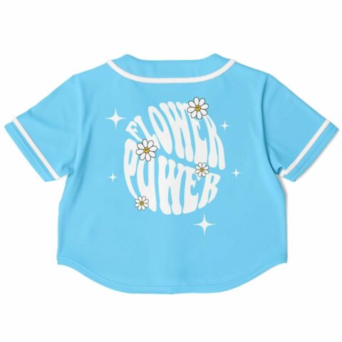 Cropped blue baseball jersey with retro floral power text graphic