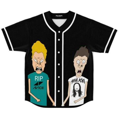 Cartoon duo rave baseball jersey with RIP tribute graphic tees on front, laid flat