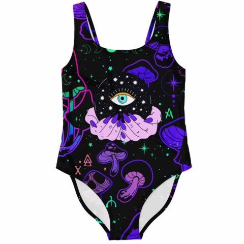 Mystic hand holding a starry eye orb surrounded by glowing mushrooms on black one-piece