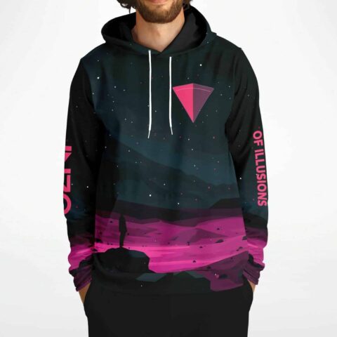 Neon pink starry landscape rave hoodie worn on model with crystal chest graphic front view