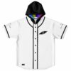 White hooded baseball jersey with black trim and minimal triangle logo front view