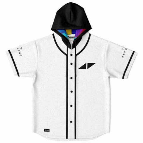 White hooded baseball jersey with black trim and minimal triangle logo front view