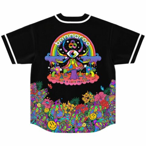 Black rave jersey back view showing rainbow eye design and neon mushroom garden hem print