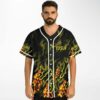Man wearing black flames rave baseball jersey with yellow spark texture, front view