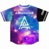 Cosmic nebula print baseball jersey back view with ARMNHMR logo and lettering