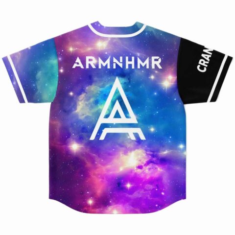 Cosmic nebula print baseball jersey back view with ARMNHMR logo and lettering