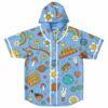 Sky blue retro 70s rave hooded jersey with flower power, stay groovy text, front view