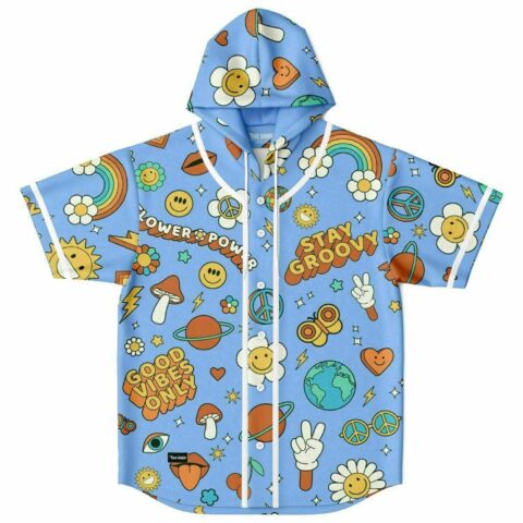 Sky blue retro 70s rave hooded jersey with flower power, stay groovy text, front view