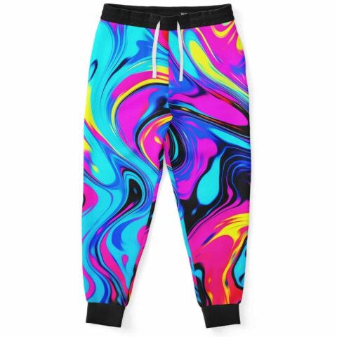 Front view of abstract liquid swirl rave joggers in cyan pink and yellow with black