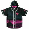 Dark teal hooded baseball jersey with lone figure on pink cliff design, front view