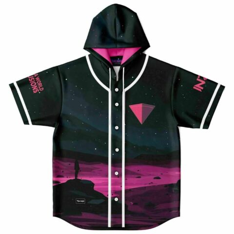 Dark teal hooded baseball jersey with lone figure on pink cliff design, front view