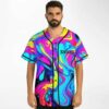 Male model wears pink psychedelic marbled rave baseball jersey with V-neck collar, Knock2 logo