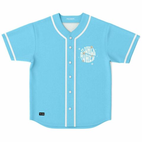Light sky blue baseball jersey with retro Flower Power daisy print front view