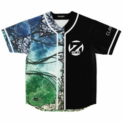 Shattered glass and wire print jersey in blue and green split with black panel