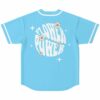 Flower Power text in wavy font with smiley daisies on light blue jersey back