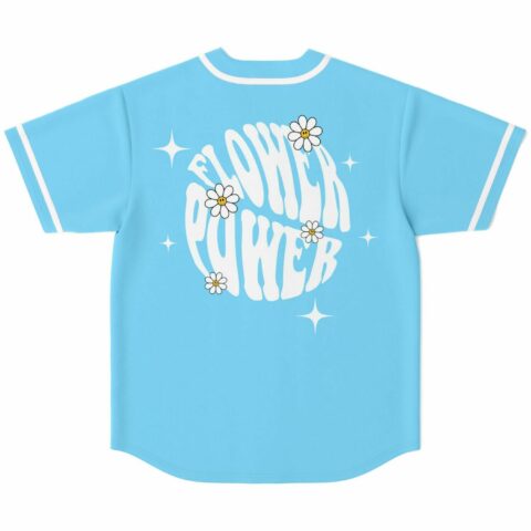 Flower Power text in wavy font with smiley daisies on light blue jersey back