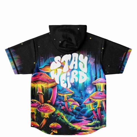 Back view of neon mushroom print hooded jersey with Stay Weird lettering across shoulders