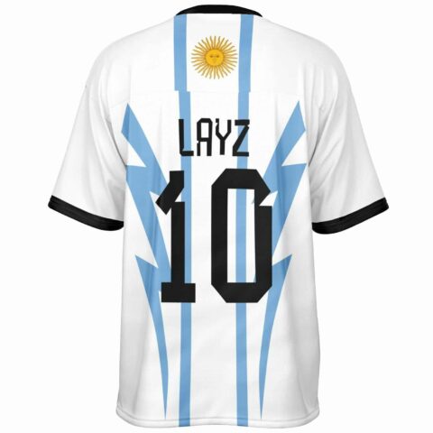 Back view of football jersey with 'LAYZ' name and sun emblem