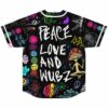 Back view of hand drawn rave baseball jersey with Peace Love and Wubz text