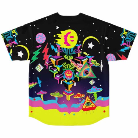Back view of psychedelic cosmic jersey showing mushroom aliens and geometric UFO temple design