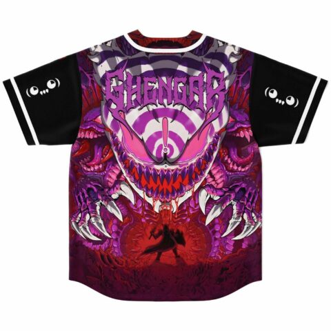 Back view of horror game-inspired monster graphic jersey with Ghengar text and clawed creature design