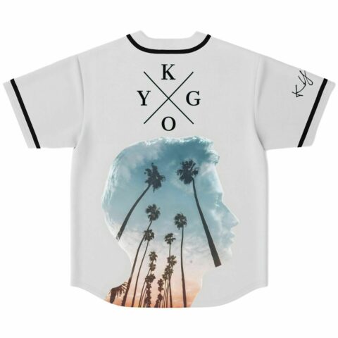 White jersey back with cross logo and silhouette head palm tree sunset graphic below collar