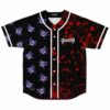 Front view of grinning purple ghost print baseball jersey with red splatter half and Ghengar
