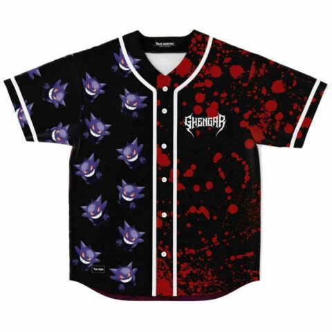 Front view of grinning purple ghost print baseball jersey with red splatter half and Ghengar