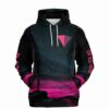 Neon pink starry landscape rave hoodie flat front view showing crystal chest graphic and drawstrings