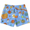 Back view of retro groovy swim trunks with disco ball smiley flowers and Flower Power