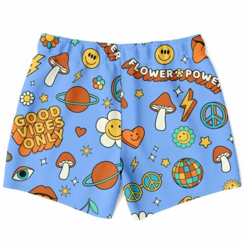 Back view of retro groovy swim trunks with disco ball smiley flowers and Flower Power