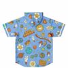 Back view of sky blue hoodie jersey with good vibes only, stay groovy patch print