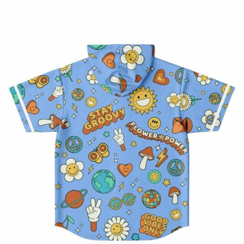 Back view of sky blue hoodie jersey with good vibes only, stay groovy patch print