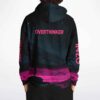 Overthinker synthwave rave hoodie back view with glowing pink mountain horizon design