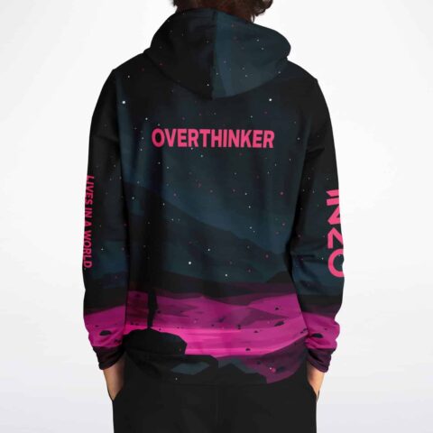 Overthinker synthwave rave hoodie back view with glowing pink mountain horizon design
