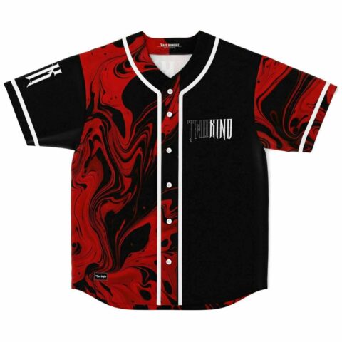 Black red liquid marble rave baseball jersey with Two Kind chest print front view